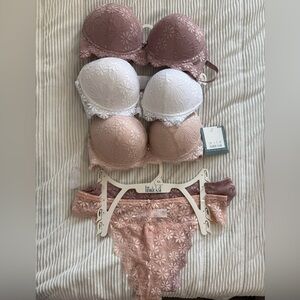 Rene Rofe Lace Bra & Thong - Mauve, White, Blush
